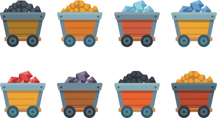 Collection Of Mining Carts Filled With Various Ores And Gems wagon trolley