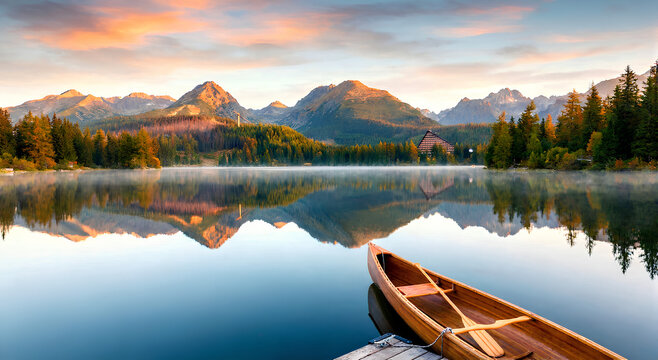 A serene mountain lake at sunrise featuring a wooden boat tied to a dock. Majestic mountains and dense pine forests reflect perfectly on the calm water, creating a peaceful and picturesque natural lan - Powered by Adobe