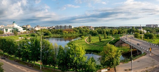 Tver, panorama, automobile bridge over the Tmaka River, Pokrovskaya Church and urban development.