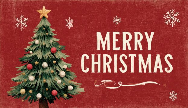 Rustic Merry Christmas Greeting Card Design. Hand-painted holiday fir tree with ornaments, snowflakes, and distressed typography on a deep red vintage wood texture background.