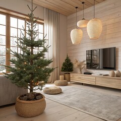 Obraz premium Cozy living room decorated for christmas with a natural fir tree