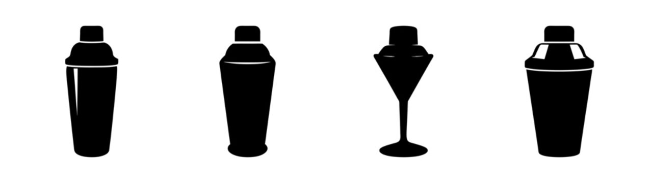 Stylized collection of cocktail shakers and barware tools, including boston shakers and cobbler shakers, essential for professional bartending and home mixology applications, on a clean background.