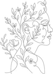 Obraz premium A minimalist line art illustration merging a womans profile with flowing botanical elements, symbolizing natures beauty and feminine grace