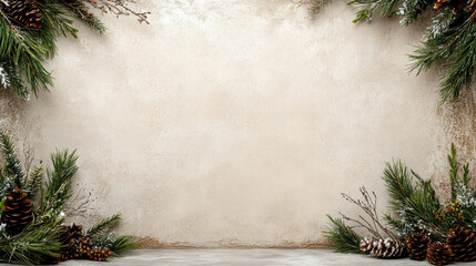 Warm beige glow bordered by berry sprig and pine cluster creating cozy holiday frame