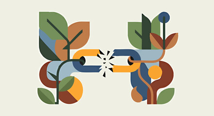 Abstract illustration of a broken chain interlinking stylized plant growth, conveying concepts of severed natural connections, ecological imbalance, or a missing environmental link