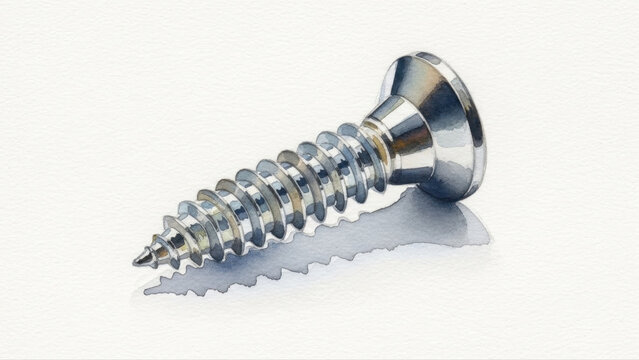 Close-up of a loose metal screw isolated on a white background, showcasing shiny metallic texture and intricate threading with soft shadows - Powered by Adobe
