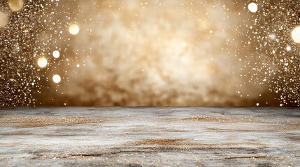 Golden glitter backdrop with snowy tabletop and festive warm glow