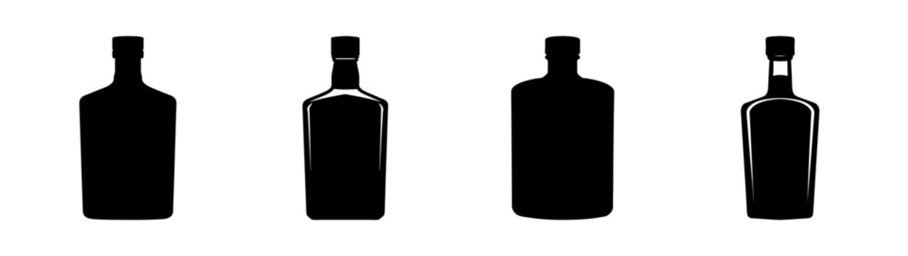 Collection of diverse black silhouette liquor bottle icons for spirits packaging, bar menus, alcohol branding, and beverage industry graphic design projects. minimalist vector illustration set.