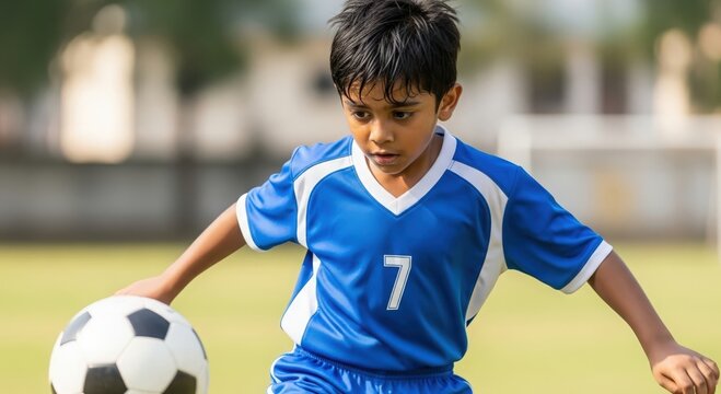 Indian Boy in Soccer Uniform Dribbling Ball — Athletic Youth Playing Outdoors