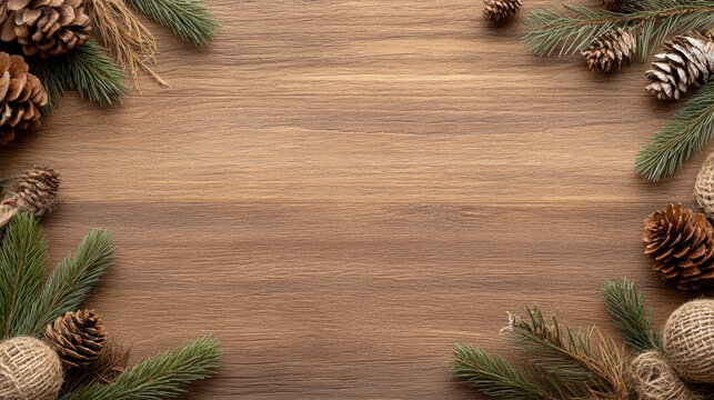 Cozy rustic wooden background with pine branches and pinecone decorations evoking warmth - Powered by Adobe