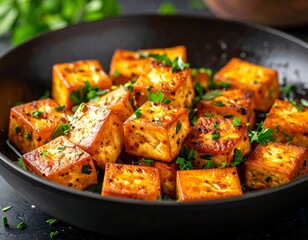 Close-up of golden, pan-fried cubes of a plant-based protein, garnished
