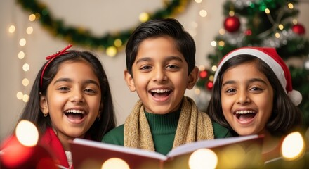 Happy Indian Kids Enjoying Christmas Carol Singing in Festive Setting