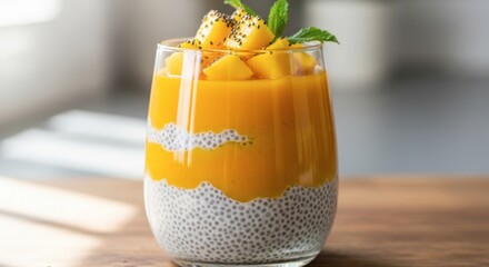 Healthy mango chia pudding dessert in a glass