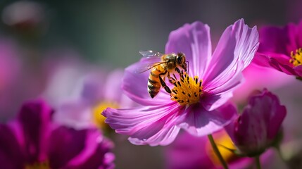 A macro closeup of a bee on a vibrant pink echinacea blossom gathering pollen in the summer garden