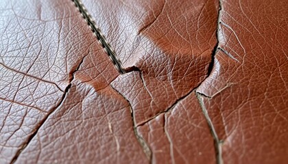 Deeply creased, worn leather surface with scratches and scuffs,  macro,  brown