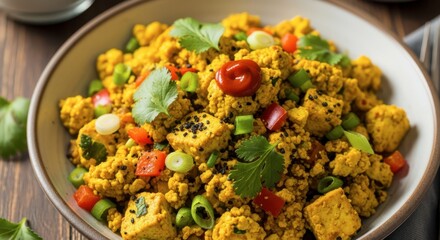Scrambled tofu with vegetable garnish in bowl