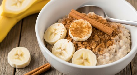 Bowl of oatmeal with banana slices and cinnamon stick