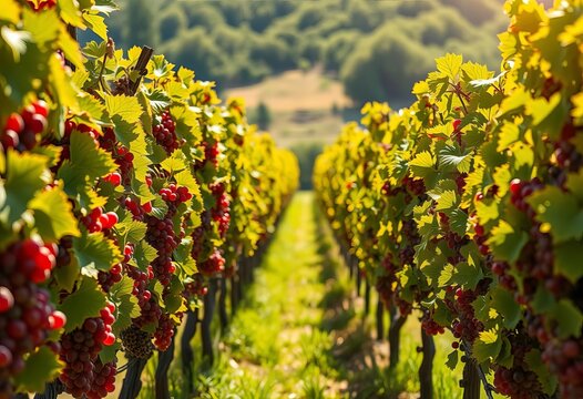 Sun-drenched vineyard rows heavy with ripe grapes,   grape leaves,  landscape