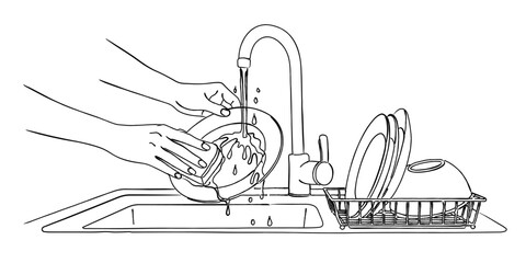 線画のシンクでの皿洗い（手洗い・家事）,キッチン,水仕事,食器洗い,衛生,日常,シンプル,ベクター © DROP DESIGN STUDIO