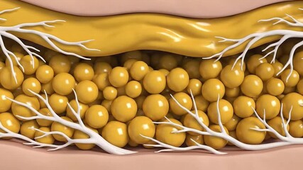 Close-up of Subcutaneous Yellow Fat Cells and White Vessels Illustration Displaying Internal Body Structures Depicts Medical Conditions Related to Fatty Tissue