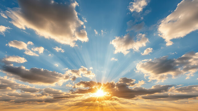 Warm sun rays breaking through clouds on new year morn, radiant sky and golden sunlight