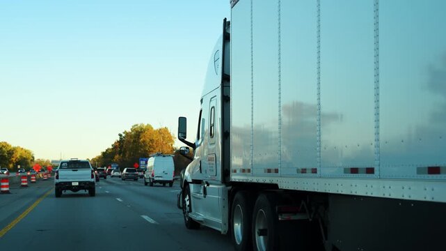 Semi truck hauls cargo along a busy interstate highway on a clear fall day. The trailer moves steadily through traffic, long haul trucking, logistics, supply chain operations