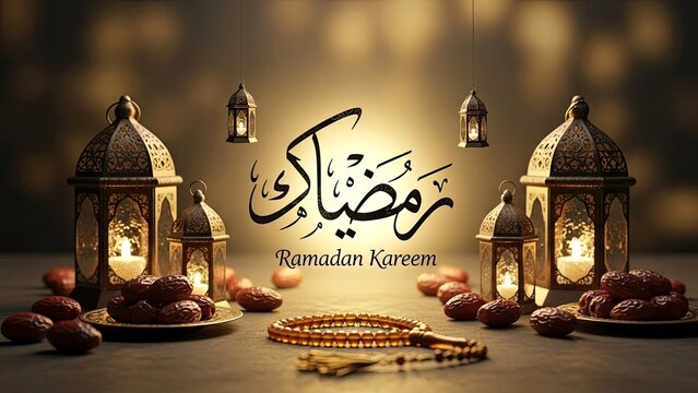 Traditional Islamic Ramadan celebration scene with ornate lanterns, dates, and prayer beads under festive lights
