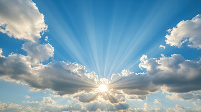 Warm sun rays breaking through clouds on new year morn, radiant sky and hopeful light - Powered by Adobe