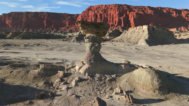 Aerial orbit around El Hongo rock formation, Ischigualasto Park, San Juan, Argentina.