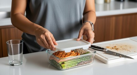 Person closing container of layered healthy meal prep food