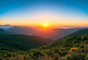 Misty mountain range at sunrise, lush green valleys below, background, tranquil