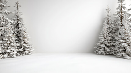 Naklejka premium Snowy fir tree silhouettes forming forest border with serene blank center for holiday message