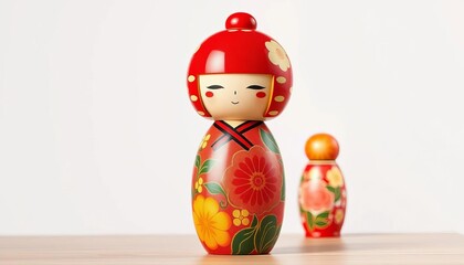 A vibrant kokeshi doll, painted with traditional Japanese patterns, stands against a clean background,  texture,  vector