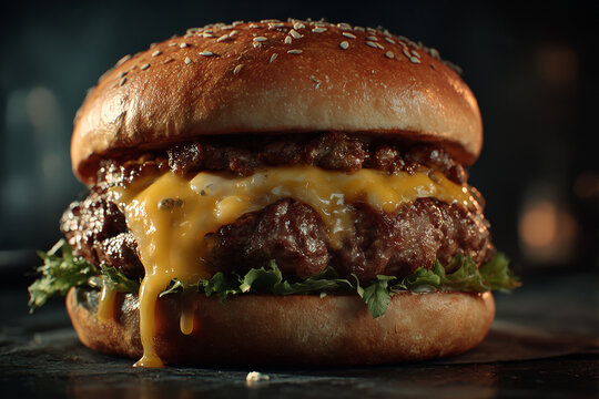 Ultra-realistic close-up of a gourmet cheeseburger with melting cheddar, juicy grilled beef patty, fresh lettuce and sesame bun. Rich texture, dramatic lighting, premium food photography style