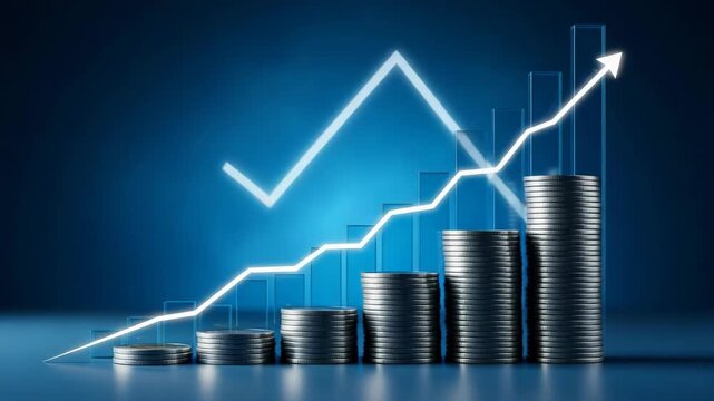 Stacks of coins showing financial growth with an upward arrow line