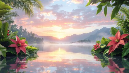 Tropical Sunset Lake with Poinsettia Flowers