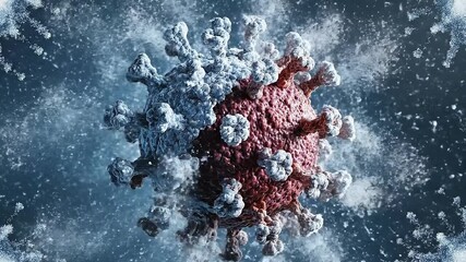 Close up view of a detailed 3D model of the SARS-CoV-2 virus particle with red and blue protein spikes against a dark, icy, and textured background with - Powered by Adobe
