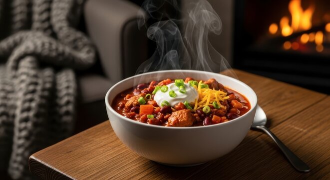 Steaming bowl of chili with sour cream by fireplace - Powered by Adobe