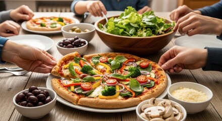 People sharing a fresh vegetable pizza and salad dinner