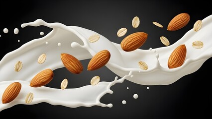 Almonds and Oats in a Dramatic Milk Splash on Dark Background