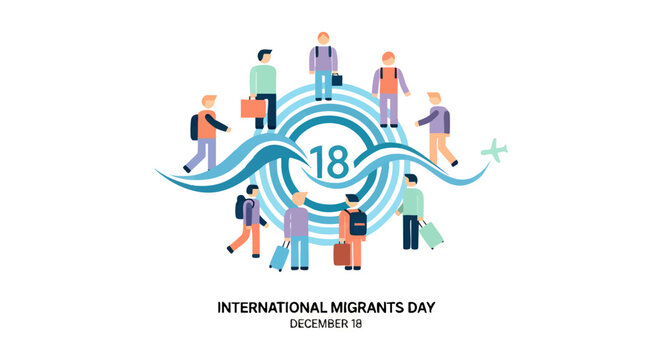 Vector illustration celebrating International Migrants Day on December 18, featuring a diverse community of people traveling globally - Powered by Adobe