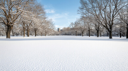 Snowy park lawn with bare trees and distant city skyline under blue sky