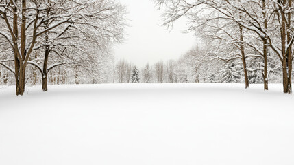 Snowy tree lined field with calm winter light and soft untouched snow