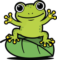 A cheerful green cartoon frog with yellowtipped toes smiling and waving while sitting on a large leaf.