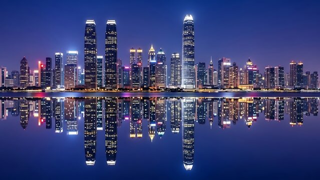 Shenzhen Skyline Reflection at Night - A Vibrant Urban Landscape. - Powered by Adobe