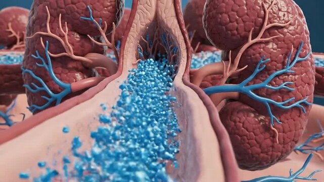 Close Up View Of Kidney Nephron Function Showing Blood Vessels And Filtration Process With Blue Particles Flowing Through A Renal Tubule Against A Deep Blue