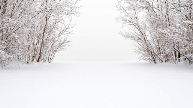 Snowy frosted trees framing tranquil white winter field with soft peaceful light