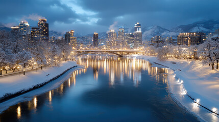 Fototapeta premium Snowy city skyline at dusk with glowing bridge lights and reflective river