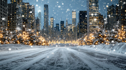 Snowy city skyline at dusk with glowing holiday lights and falling snow