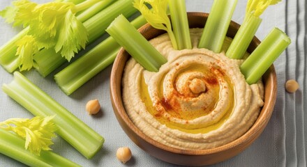 Hummus dip with fresh celery sticks and chickpea garnish
